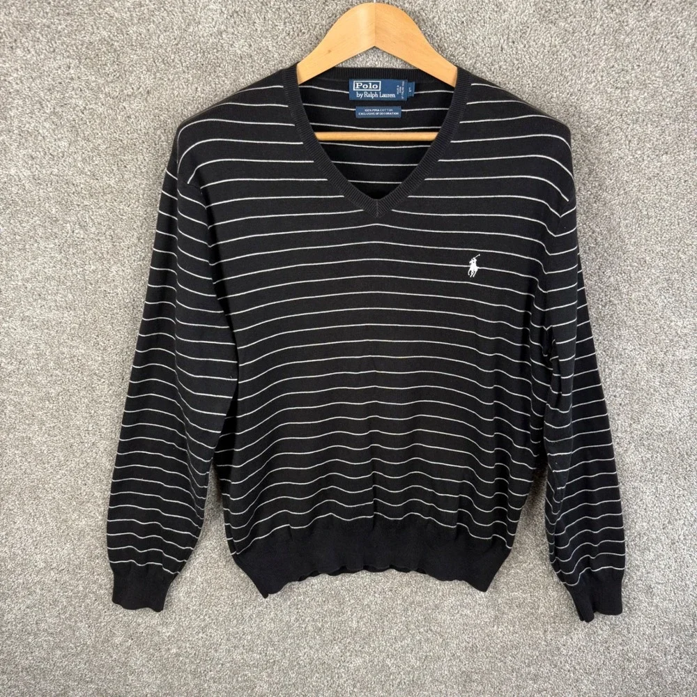 Polo Ralph Lauren Mens Large Pima‎ Cotton V-Neck Striped Sweater Black White